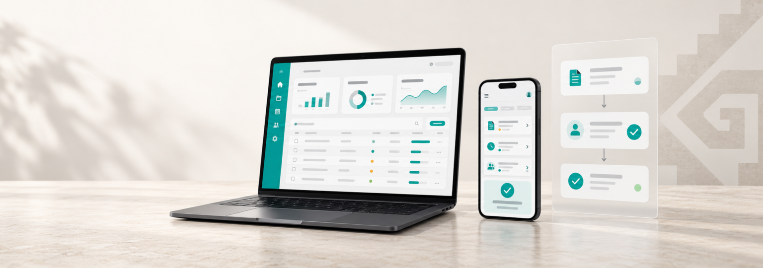 Laptop y smartphone con paneles de software empresarial y automatización de procesos