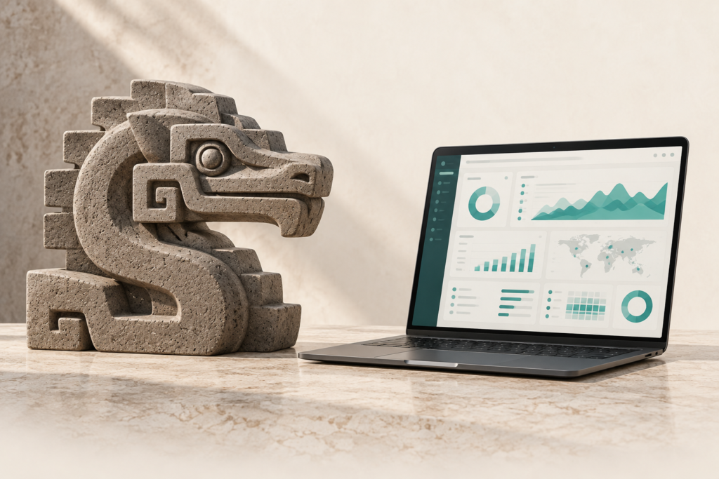 Escultura inspirada en Quetzalcóatl junto a laptop con panel de software